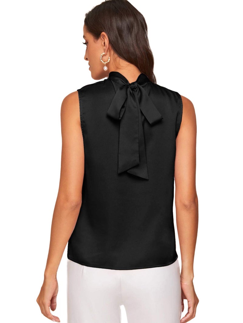 Verdusa Women's Elegant Sleeveless Satin Blouses Tie Back Pleated Dressy Work Tops Business Casual Outfits Black X-Small - Image 2